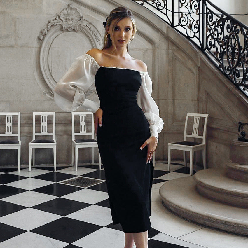 Elegantes schulterfreies Midikleid mit transparenten Ärmeln